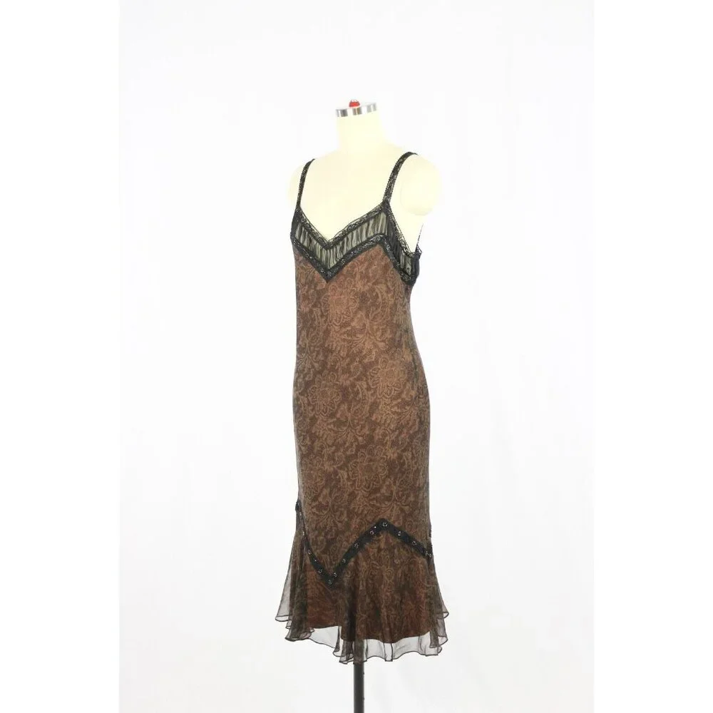 Vintage LAUNDRY BY SHELLI SEGAL Brown Lace Print Silk Beaded Slip Dress, Size 10 - Picture 4 of 12